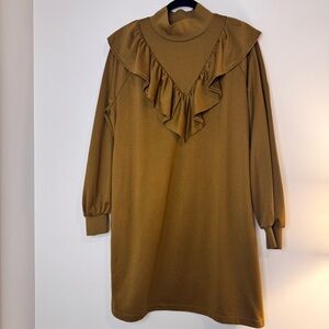 Who What Wear Long Sleeve Knit Ruffle Sheath Mini Dress in golden brown SZ XL